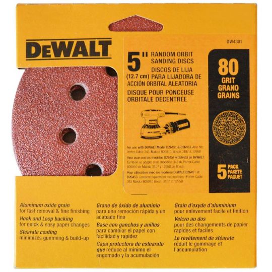 DISCO DE LIJA VELCRO 5 GRANO 80 (5PZ) DEWALT DW4301