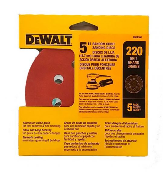 DISCO DE LIJA VELCRO 5 GRANO 220 (5PZ) DEWALT DW4306