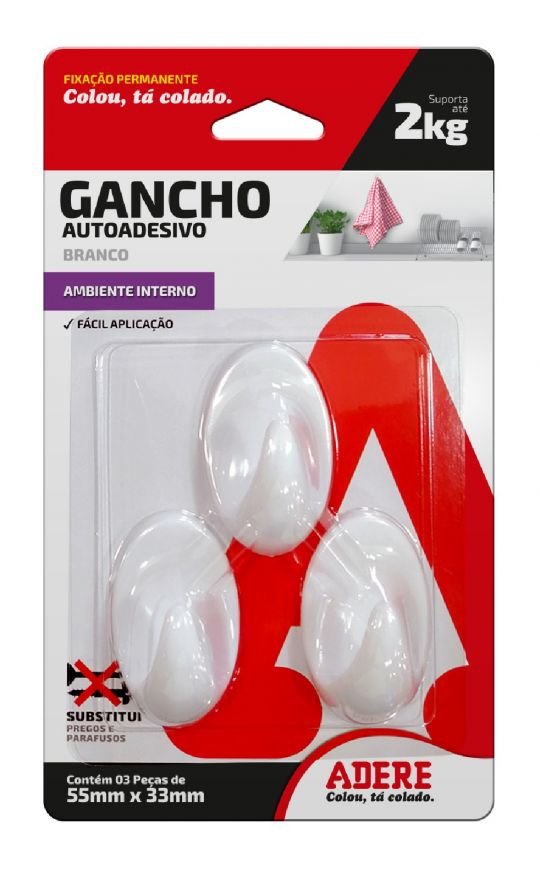 GANCHO ADHESIVO BLANCO ADERE MEDIO 55 X 33MM 3PZ